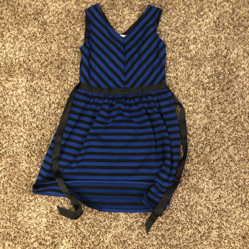 Girl’s Blue and Black Striped Dress with Bow